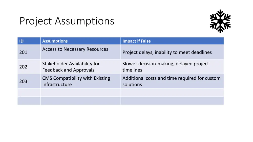 project assumptions