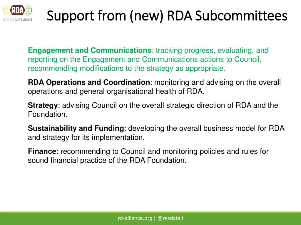 support from new rda subcommittees support from