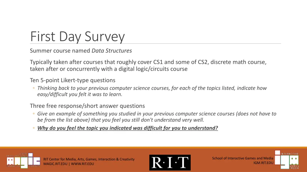 first day survey summer course named data