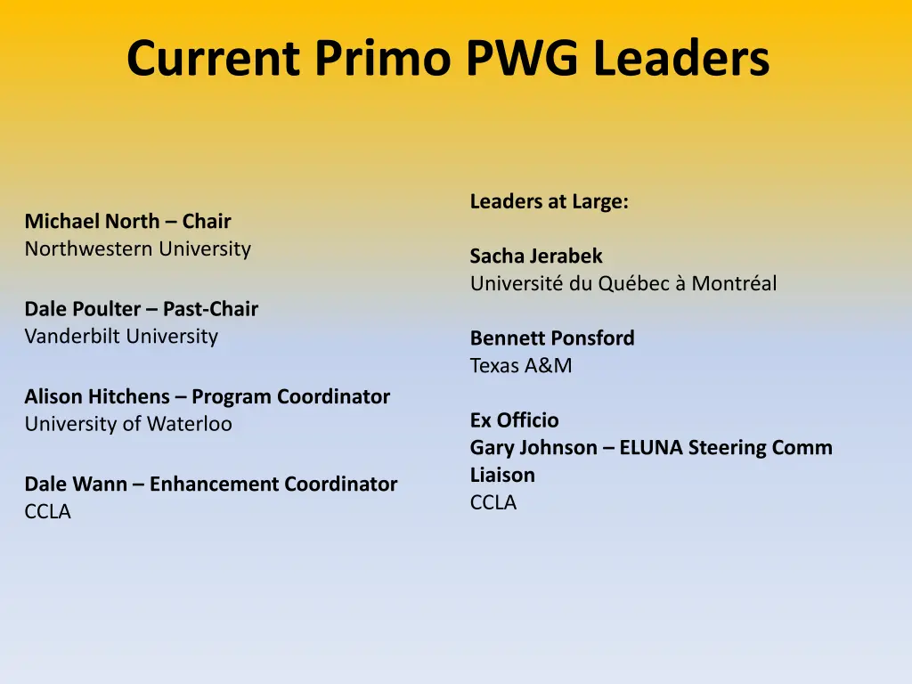 current primo pwg leaders