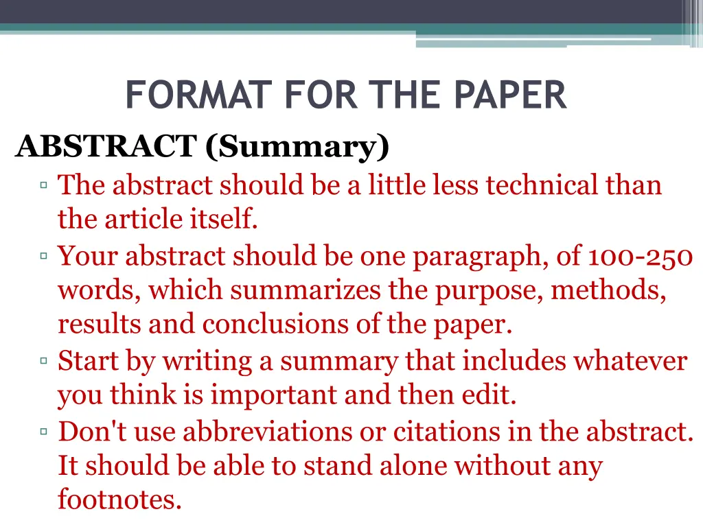 format for the paper abstract summary