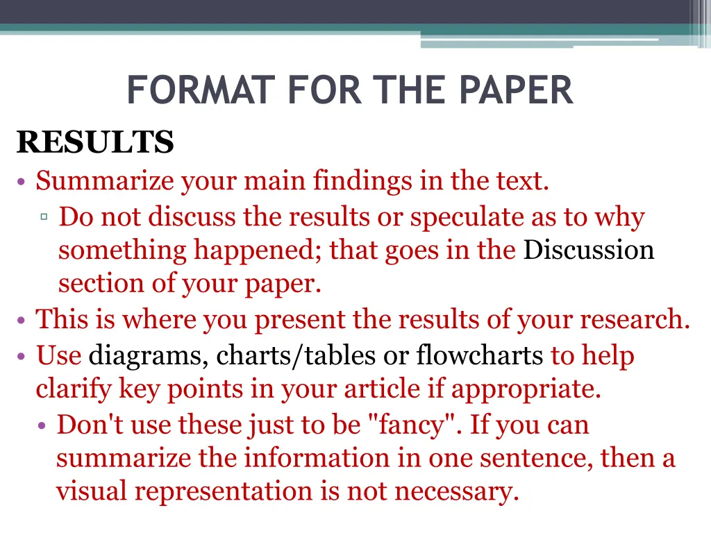 format for the paper results summarize your main