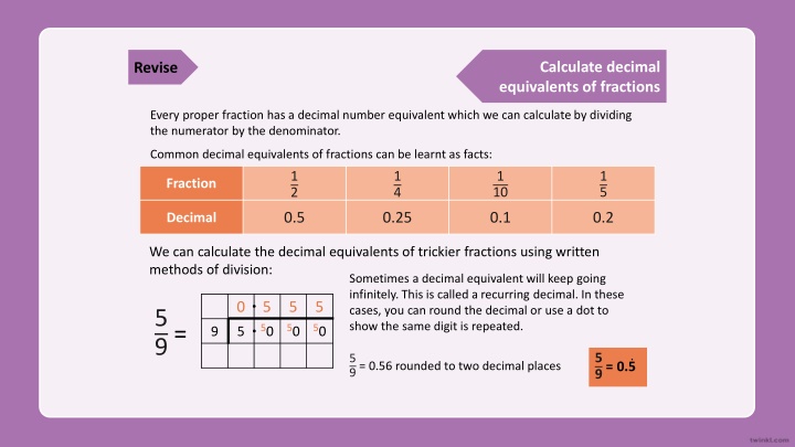 calculate decimal equivalents of fractions