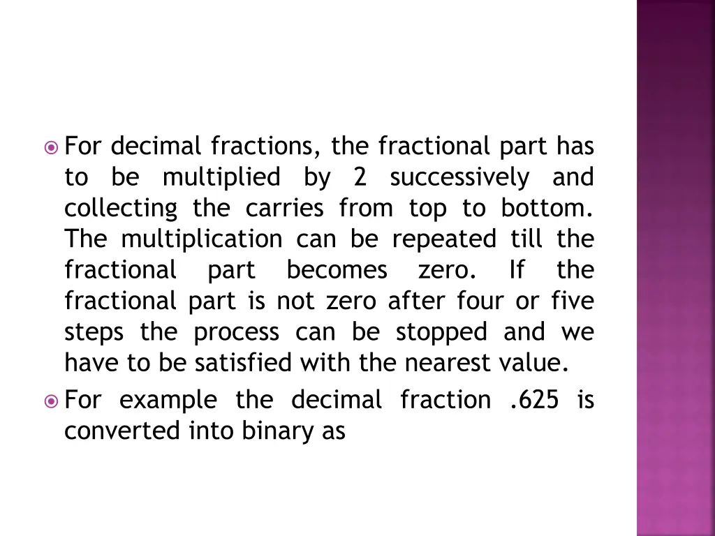 for decimal fractions the fractional part