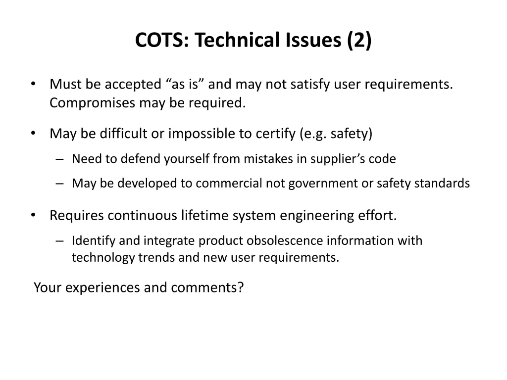 cots technical issues 2
