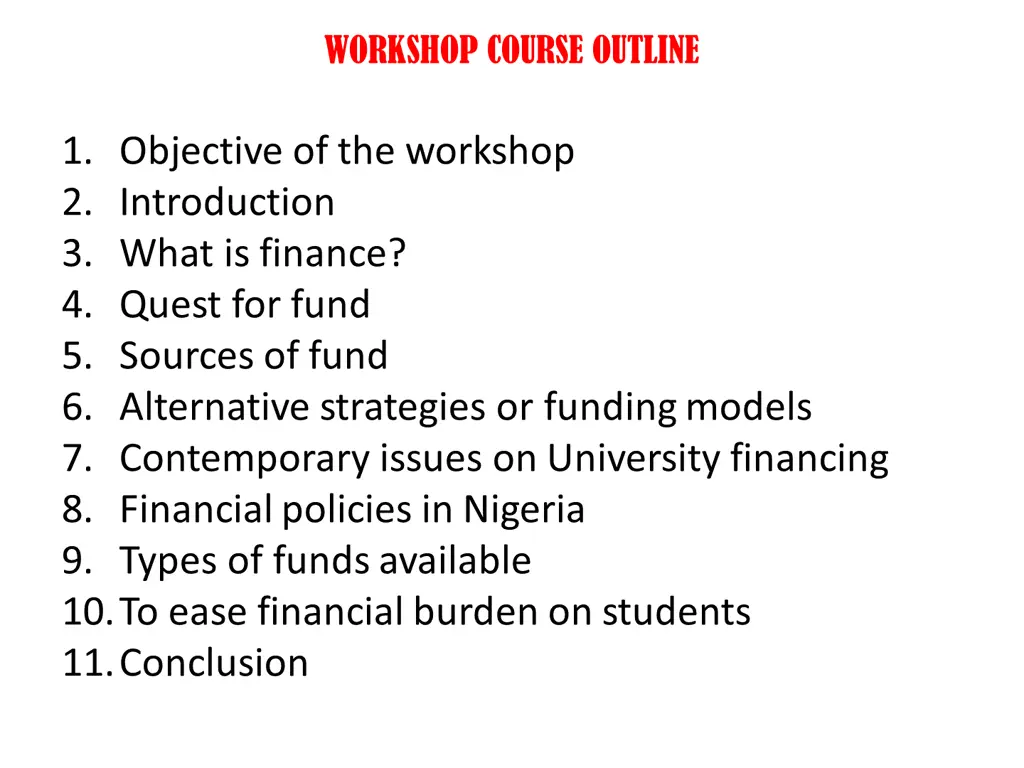 workshop course outline