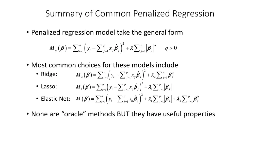 summary of common penalized regression