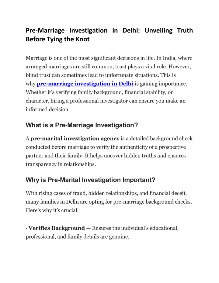 pre marriage investigation in delhi unveiling