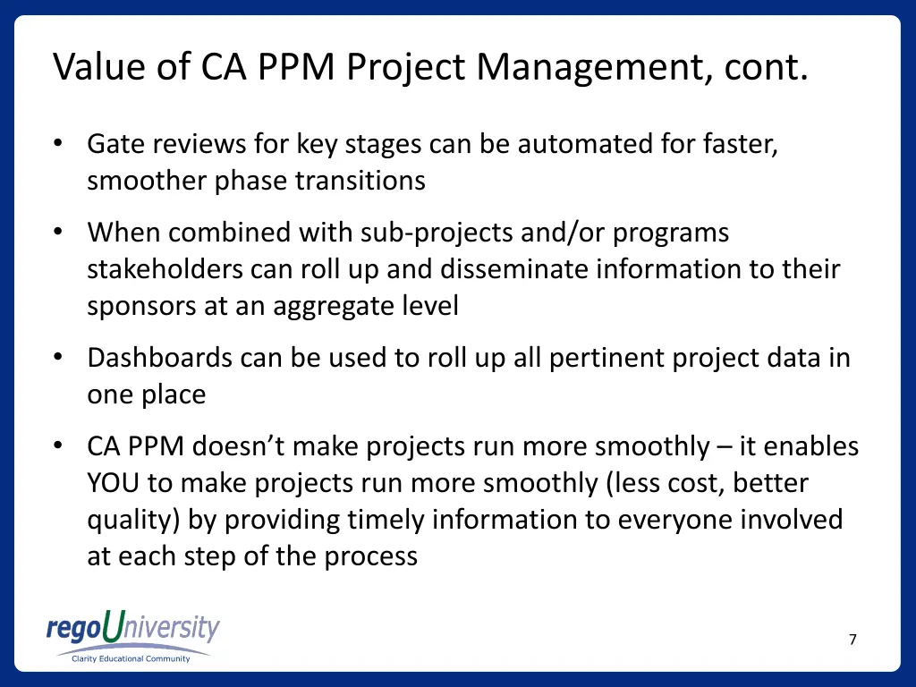 value of ca ppm project management cont