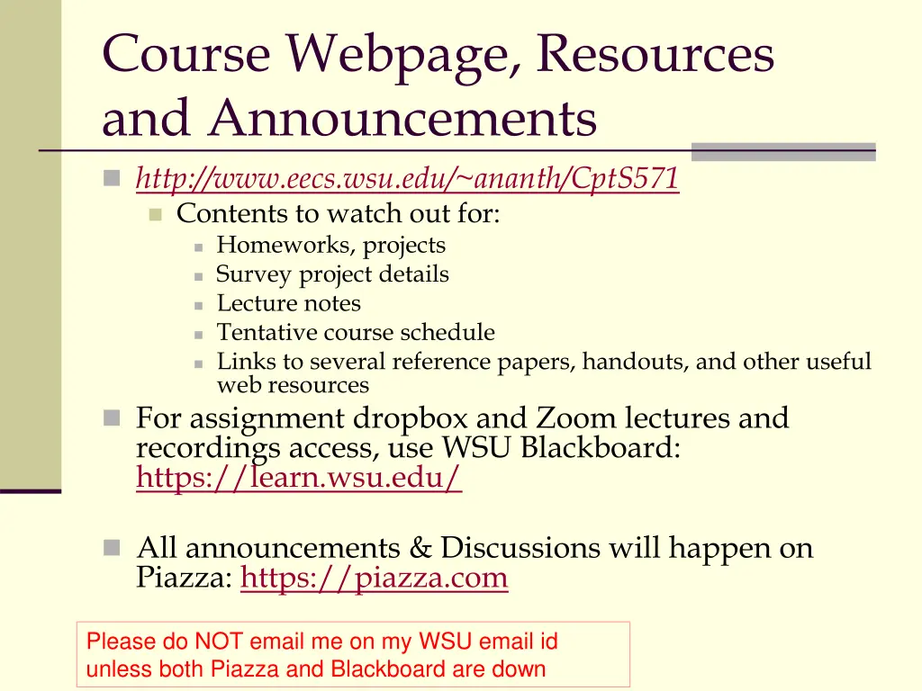 course webpage resources and announcements http