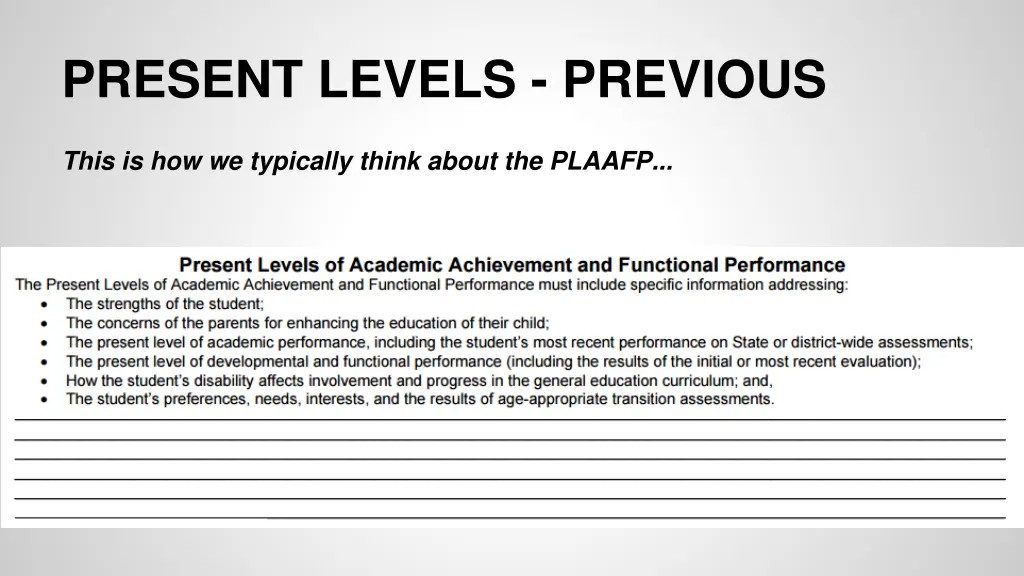 present levels previous