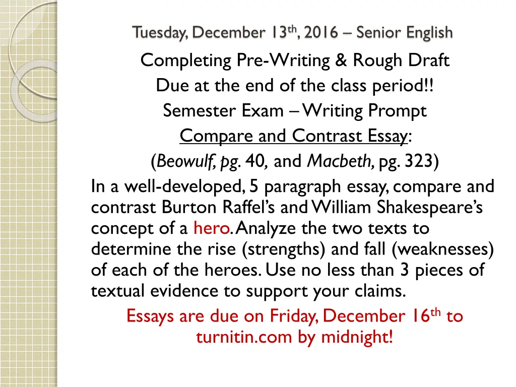 tuesday december 13 th 2016 senior english