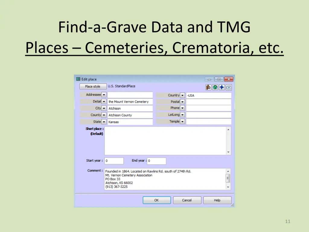 find a grave data and tmg places cemeteries