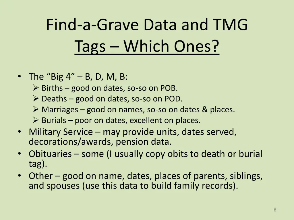 find a grave data and tmg tags which ones