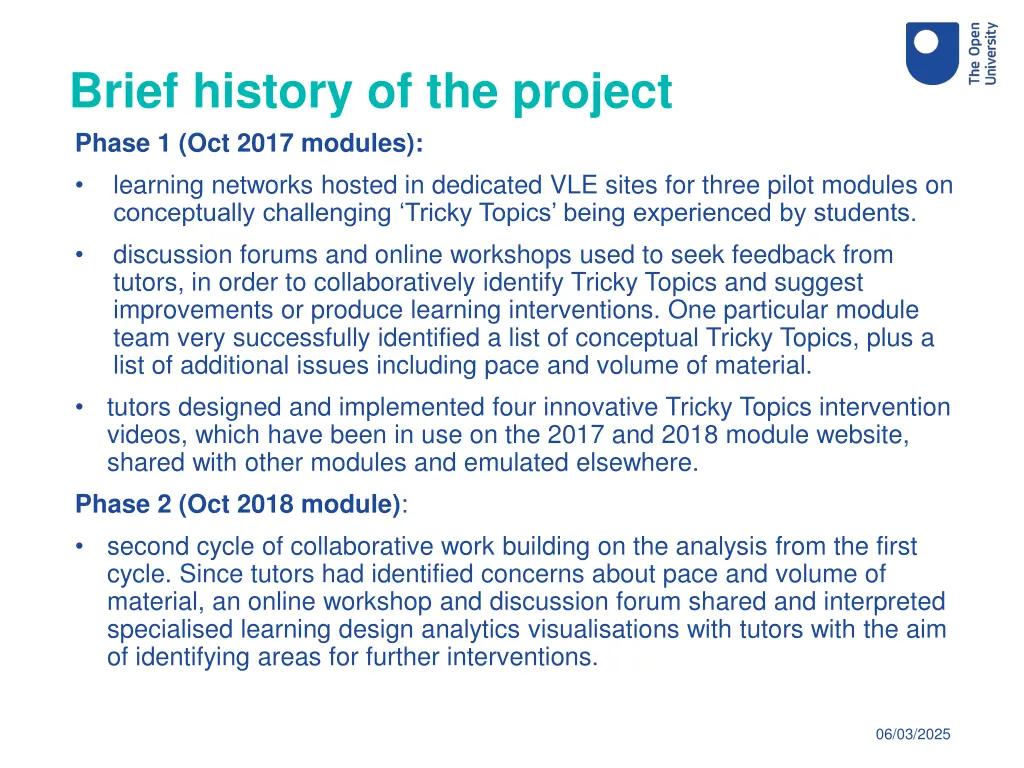 brief history of the project
