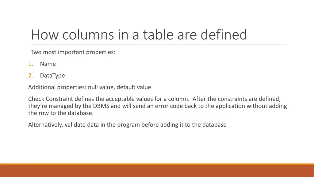 how columns in a table are defined