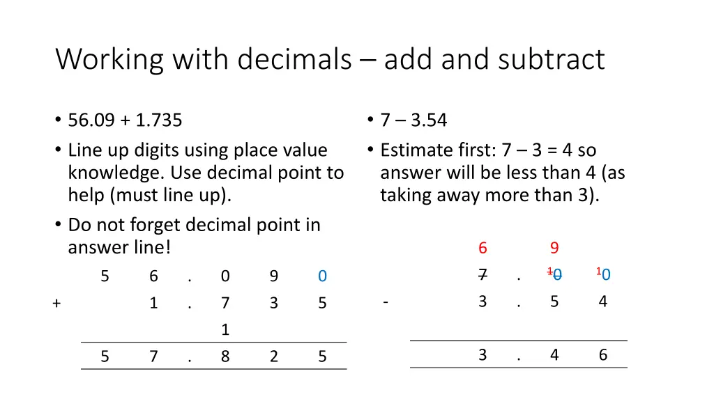 working with decimals add and subtract