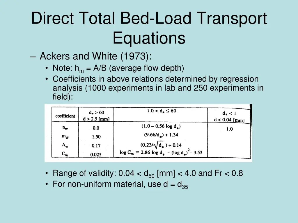direct total bed load transport equations ackers 1