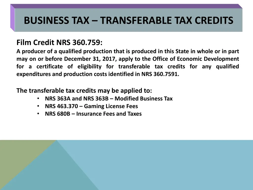 business tax transferable tax credits 1