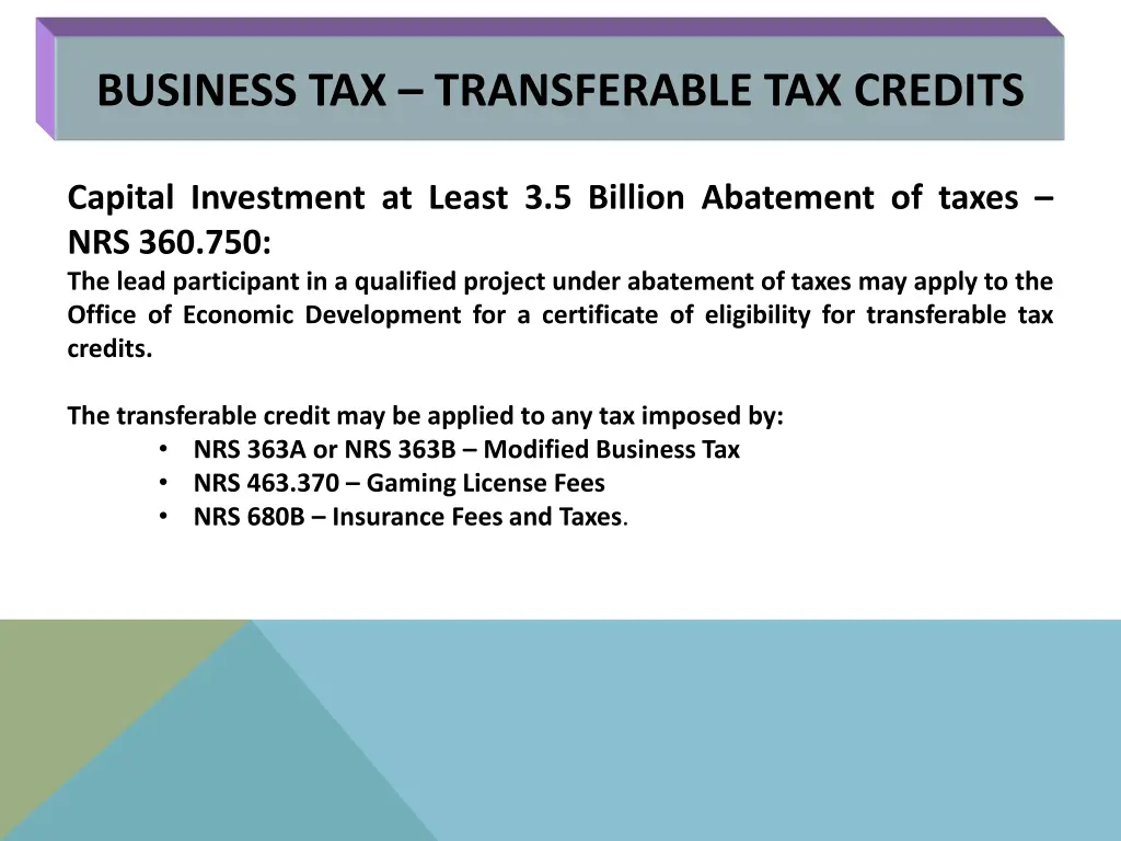 business tax transferable tax credits