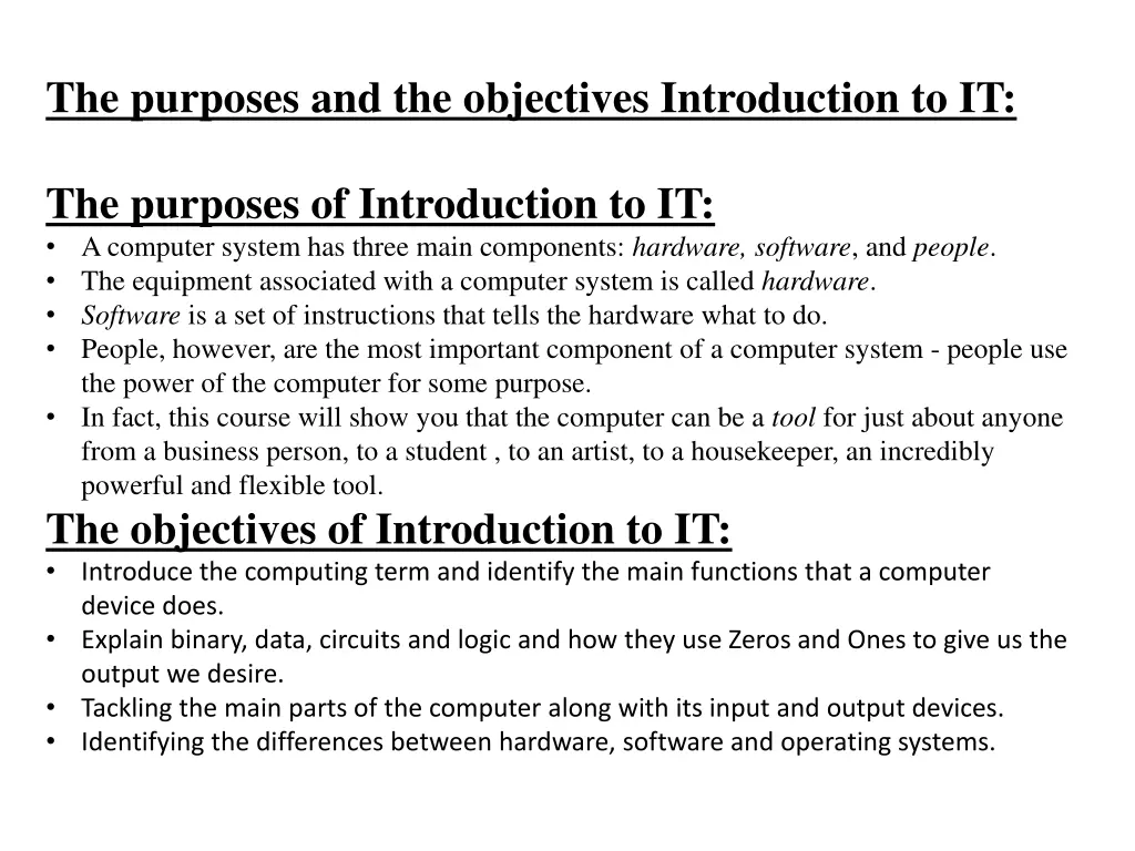 the purposes and the objectives introduction to it