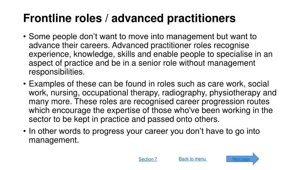 frontline roles advanced practitioners