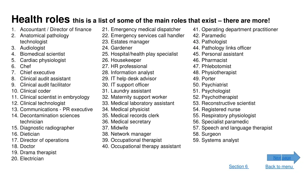 health roles this is a list of some of the main