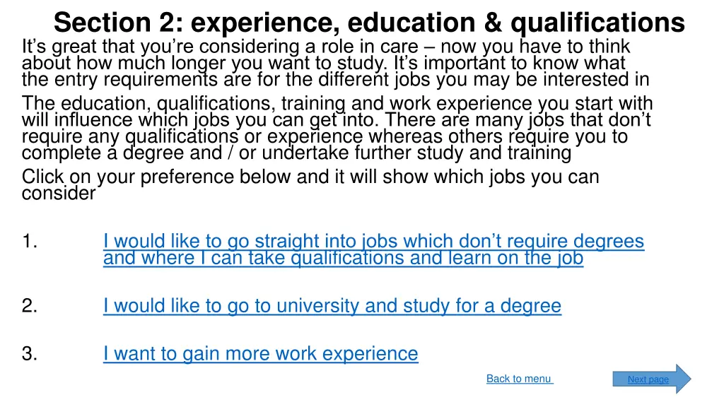 section 2 experience education qualifications