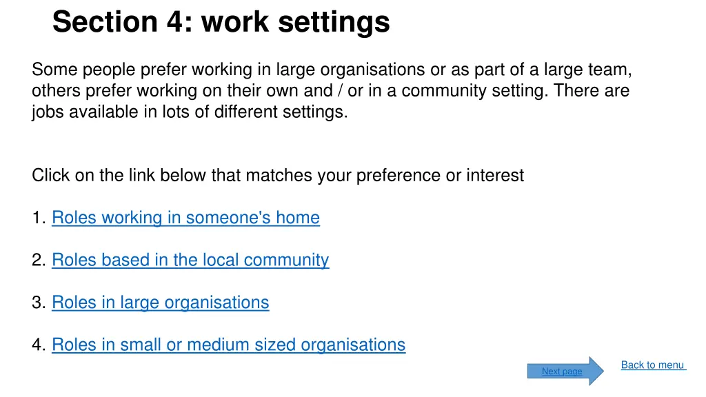 section 4 work settings
