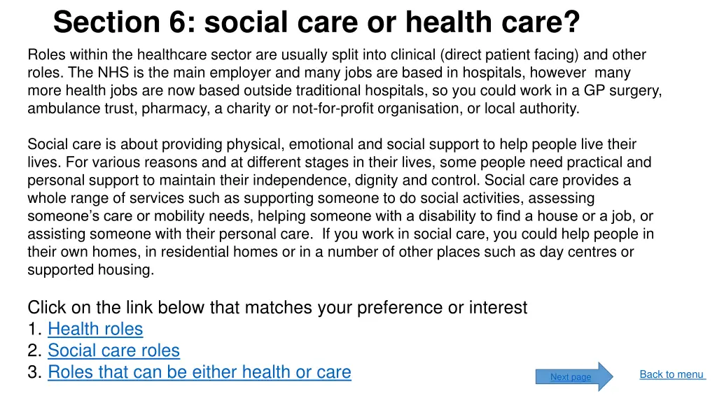 section 6 social care or health care roles within