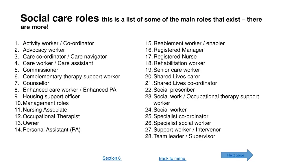 social care roles this is a list of some