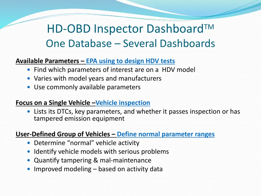 hd obd inspector dashboard tm one database