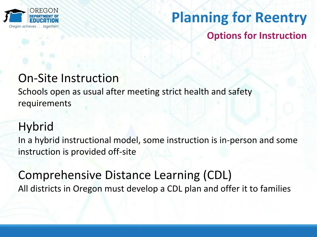 planning for reentry options for instruction