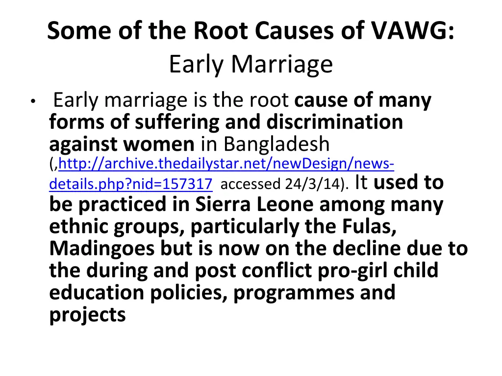 some of the root causes of vawg early marriage
