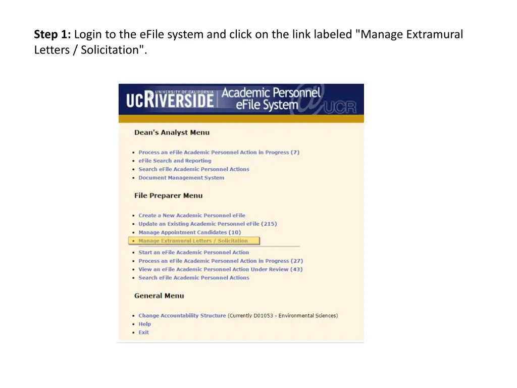 step 1 login to the efile system and click