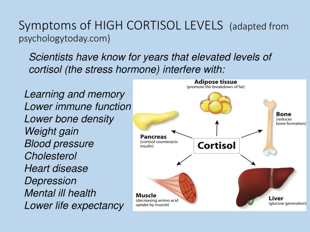 symptoms of high cortisol levels adapted from