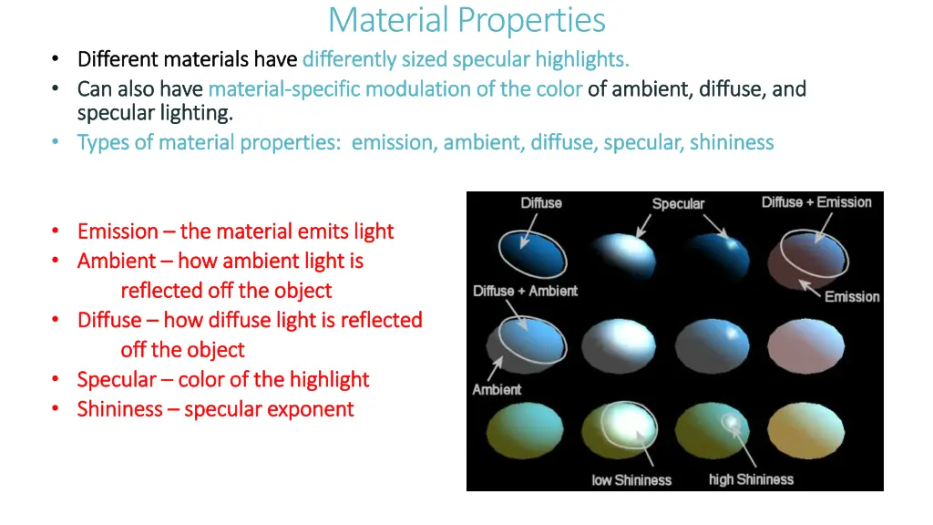 material properties differently sized specular