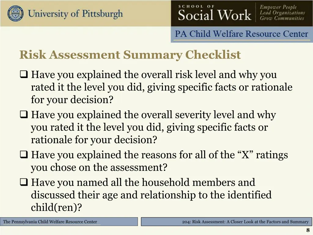 risk assessment summary checklist