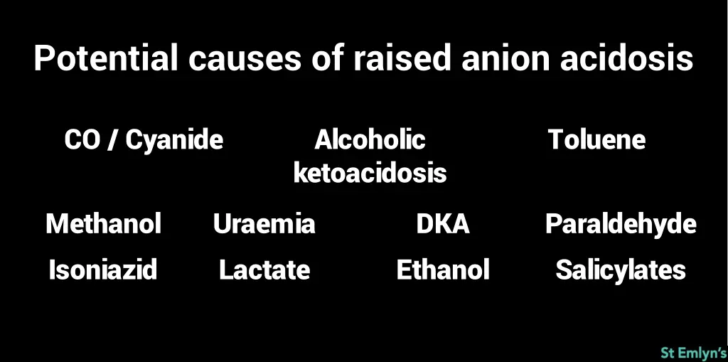 potential causes of raised anion acidosis