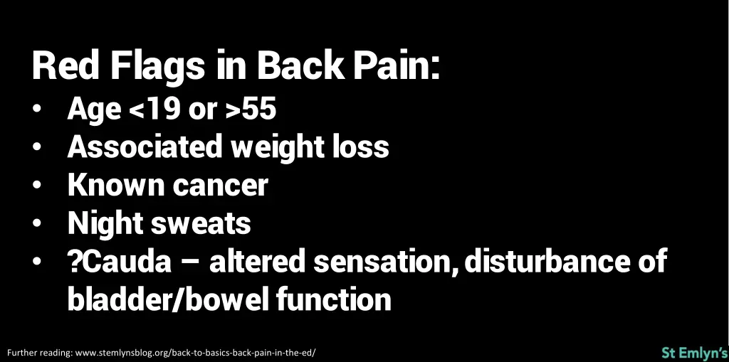 red flags in back pain age 19 or 55 associated