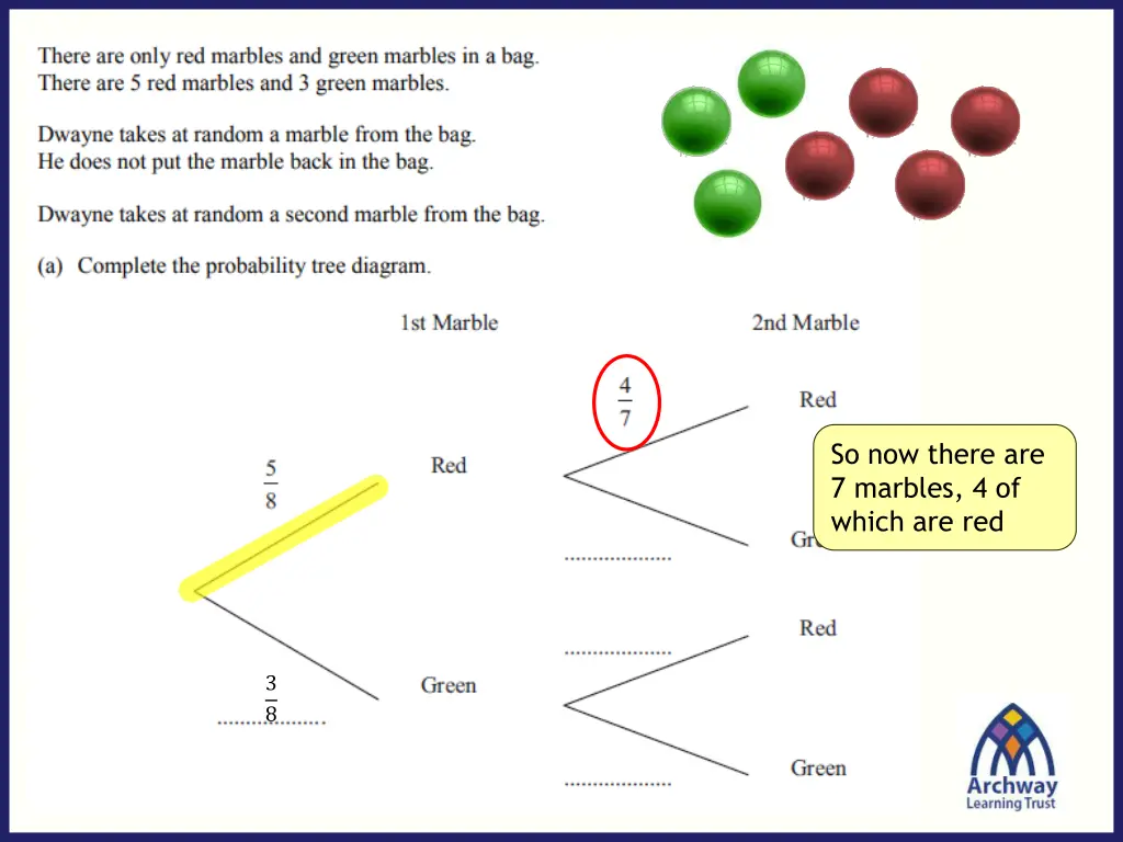so now there are 7 marbles 4 of which are red