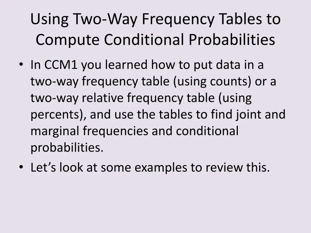 using two way frequency tables to compute