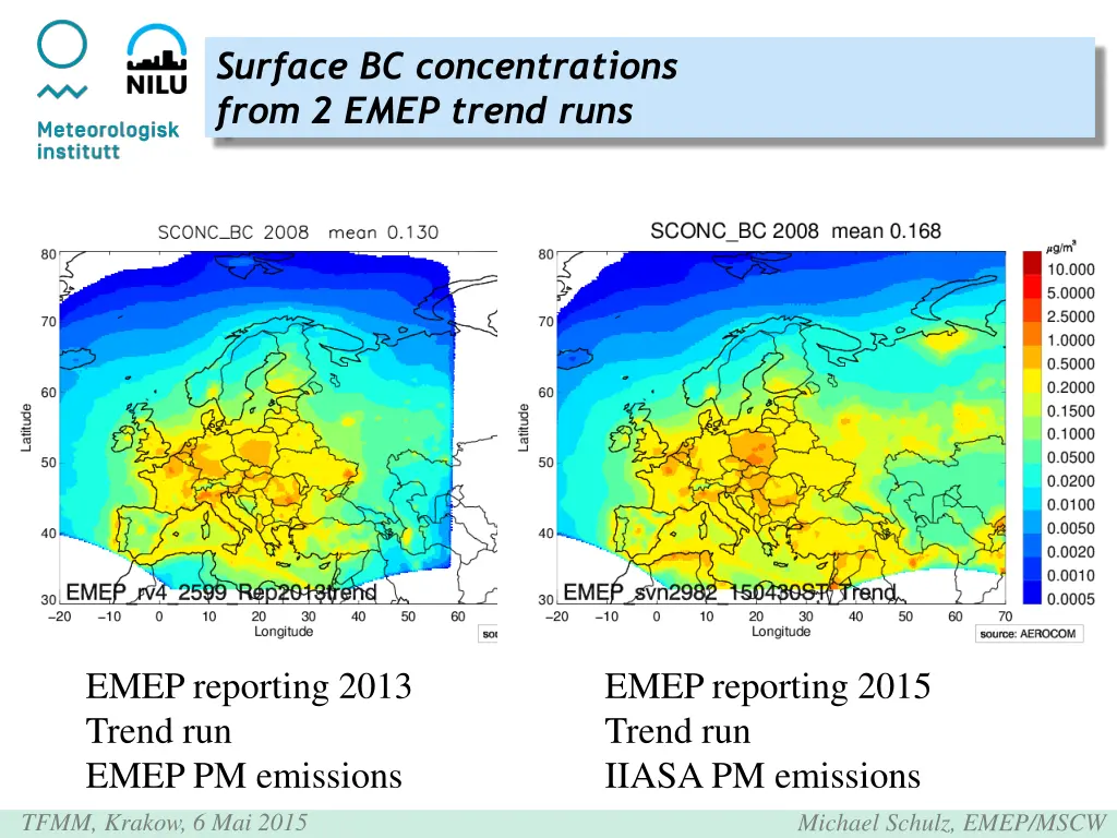 surface bc concentrations from 2 emep trend runs