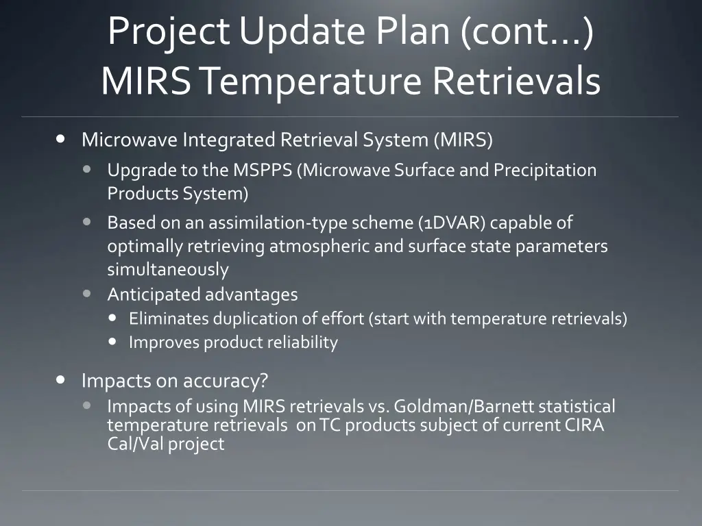 project update plan cont mirs temperature