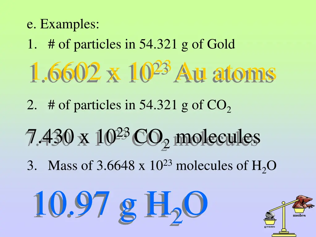 e examples 1 of particles in 54 321 g of gold