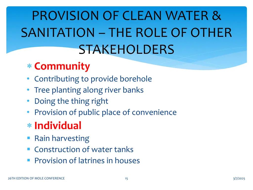 provision of clean water sanitation the role