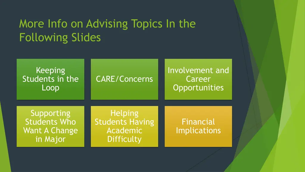 more info on advising topics in the following