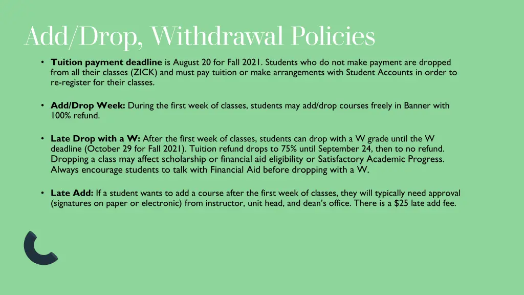 add drop withdrawal policies tuition payment