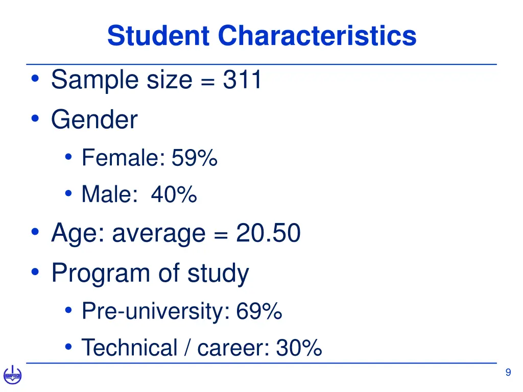student characteristics sample size 311 gender