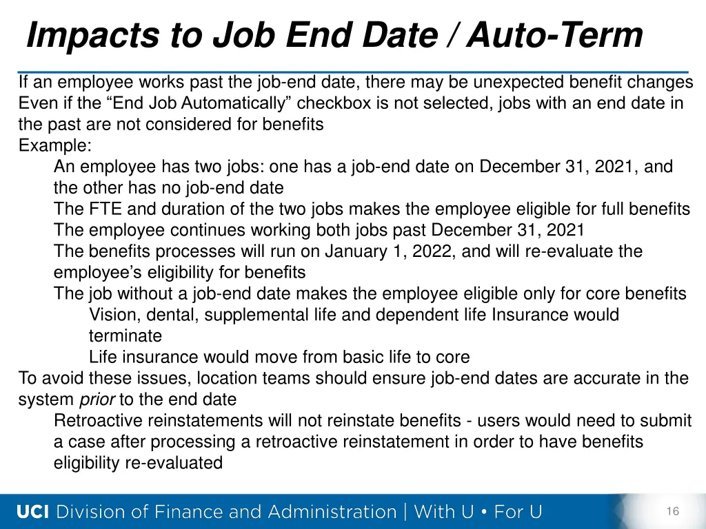 impacts to job end date auto term
